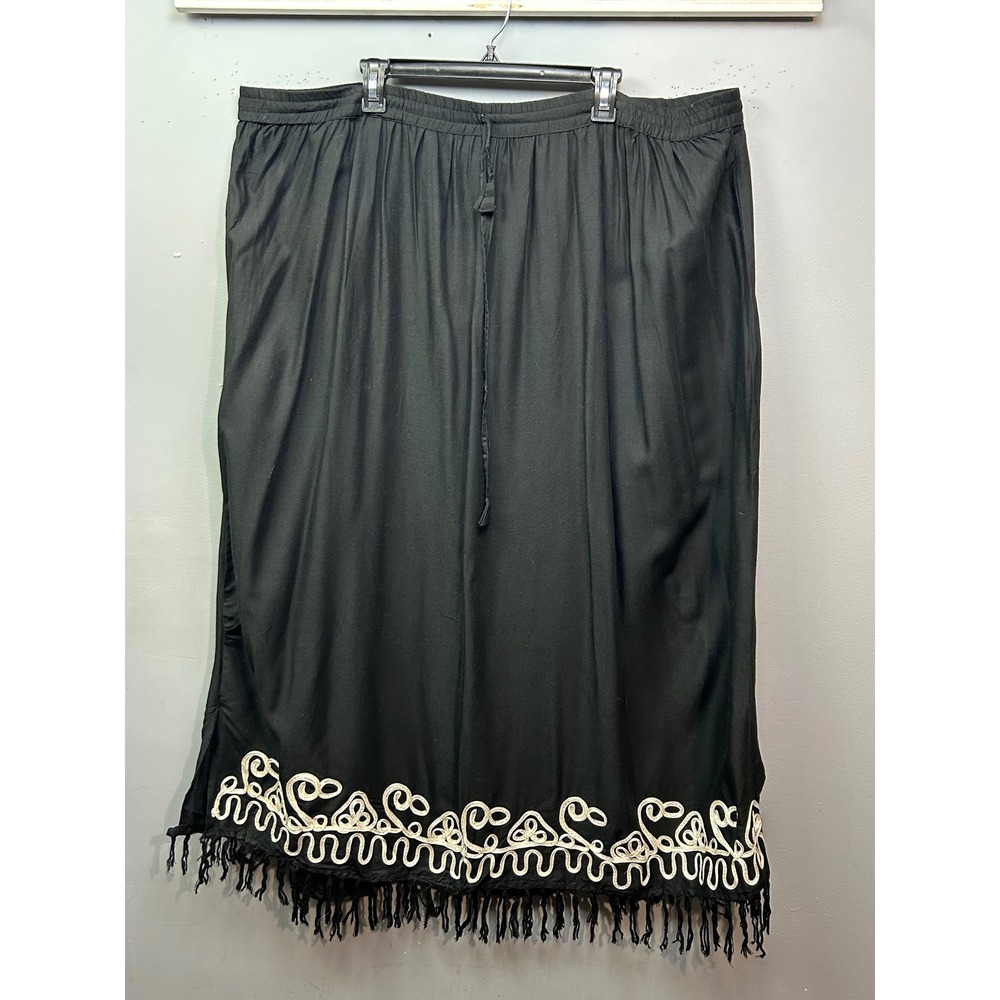 The‎ African Scene Maxi Skirt Women 1X Black Rayon Embroidered Fringe Boho